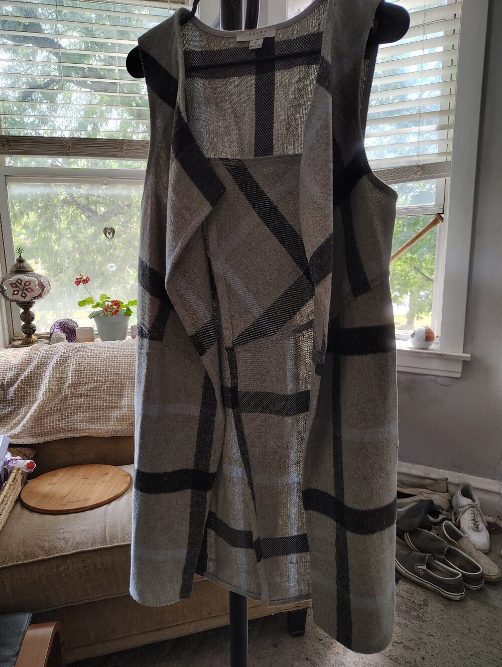 FAVLUX Gray Plaid Long Open-Front Knit Vest
